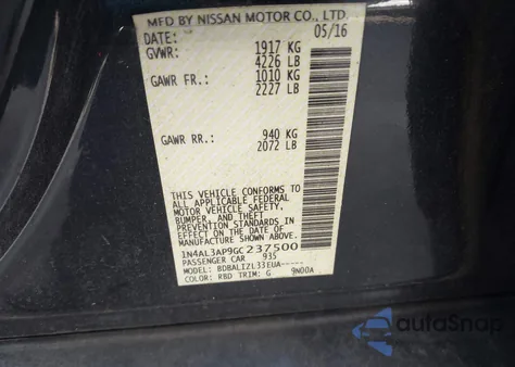 2016 Nissan Altima 2.5 Sv z USA, uszkodzony, nr VIN 1N4AL3AP9GC237500